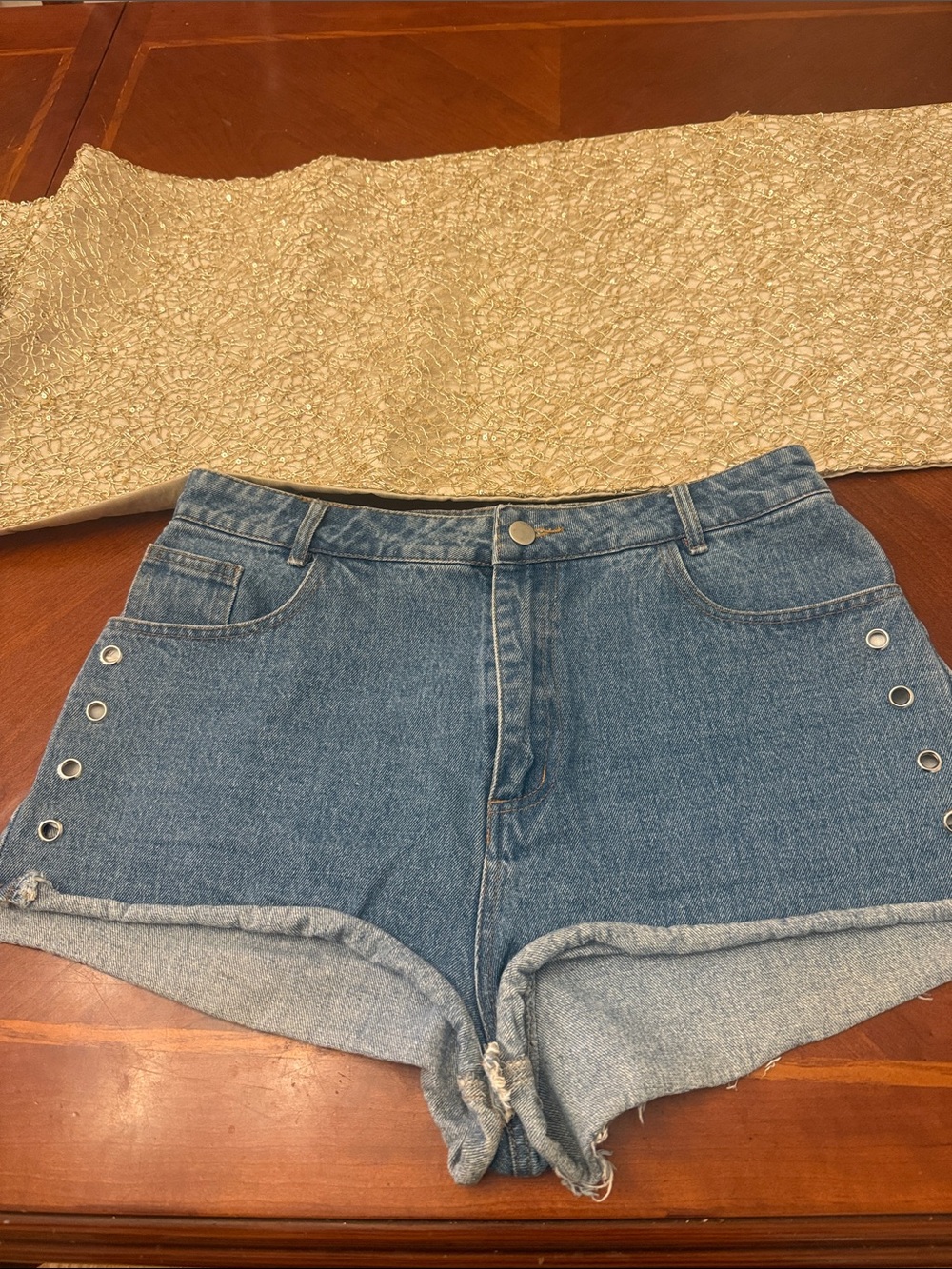 Honey Punch Denim Jean Shorts in Blue with Grommet Detail